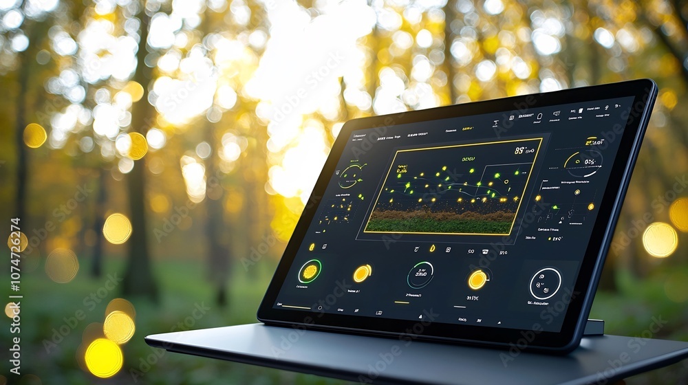 Poster Cutting edge technology displayed on a digital tablet providing real time soil moisture data and insights within a beautiful natural environment