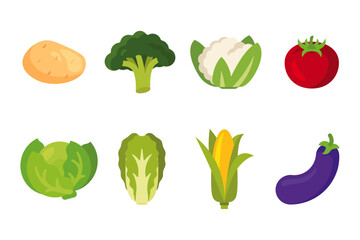 Vegetables set with 8 items; isolated flat illustrations in transparent background