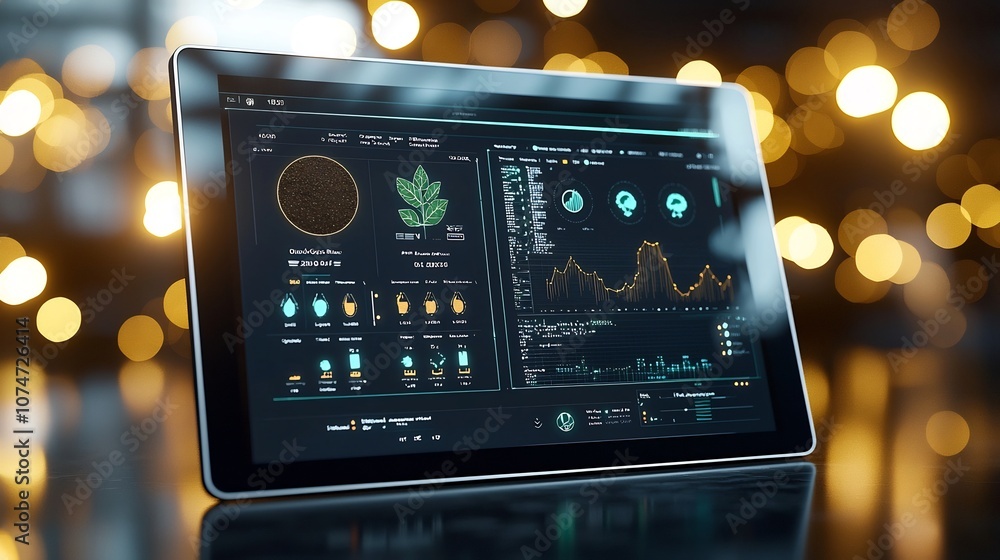 Poster AI Powered Digital Tablet Displaying Soil Moisture Levels and Precision Farming Analytics   Golden Light Flares and Bokeh Background Symbolizing the Technological Advancements in Modern Agriculture