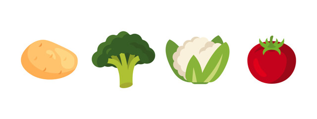 Vegetables set with Potato, Broccoli, Cauliflower, Tomato; isolated flat illustrations in transparent background