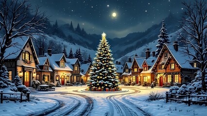 Fototapeta premium Charming Snow-Covered Village with Festively Decorated Houses, Glowing Windows, and a Large Christmas Tree in the Town Square, Illuminated by Soft Street Lights Under a Starlit Sky