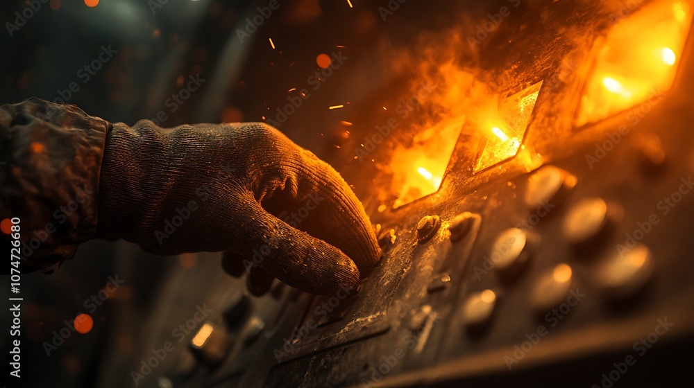 Poster a close-up of a gloved hand manipulating a control panel with glowing buttons, surrounded by sparks 