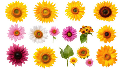 PNG Stylized spring floral vector set with bold daisies and vibrant sunflowers on a white background