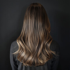 Fototapeta premium female long ash brown hair with highlights, cascading down her back, long wavy hair salon photography
