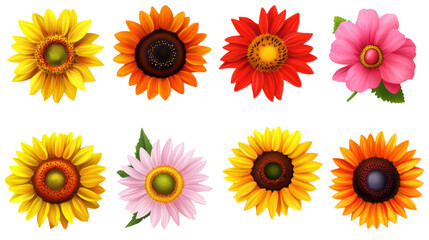 PNG Stylized spring floral vector set with bold daisies and vibrant sunflowers on a white background