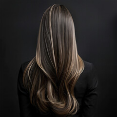 Naklejka premium female long ash brown hair with highlights, cascading down her back, long wavy hair salon photography