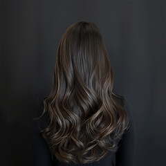 Naklejka premium female long ash brown hair with highlights, cascading down her back, long wavy hair salon photography