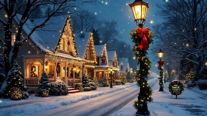 Snowy Street Lined with Christmas Lights, Decorated Houses Glowing Warmly at Night, and a Lamppost Adorned with Garlands and a Red Bow