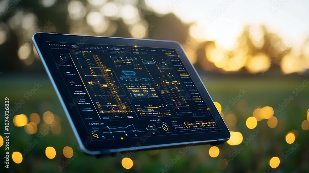 Poster tablet displaying innovative soil moisture data surrounded by a warm soft golden light and ethereal 