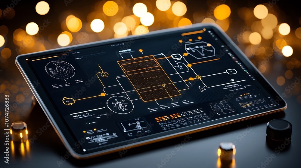 Aufkleber Tablet device displaying soil moisture data surrounded by warm soft golden bokeh lighting representing the innovative technologies driving precision agriculture and sustainable farming practices