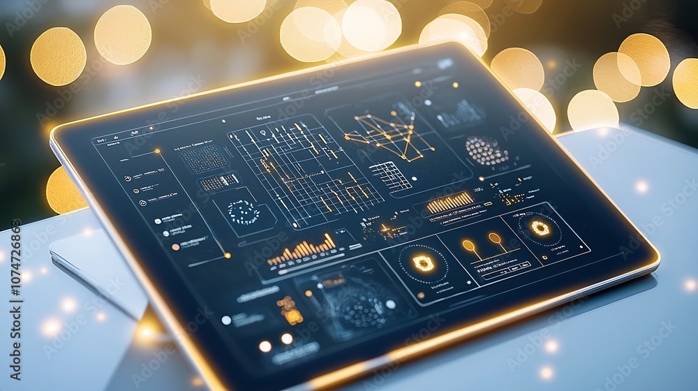 Aufkleber system analyzing soil data on a tablet screen with golden light flares and beautiful bokeh in the background