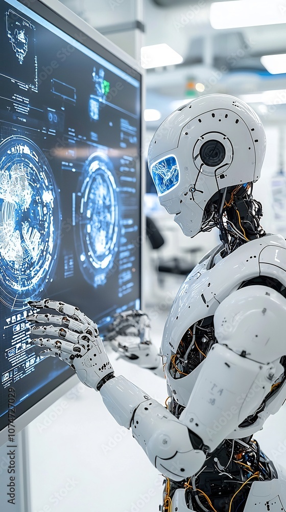 Poster Humanoid Robot Interacting with Holographic Screens in Futuristic Laboratory Setting Highlighting Cutting Edge Technology and Intelligence