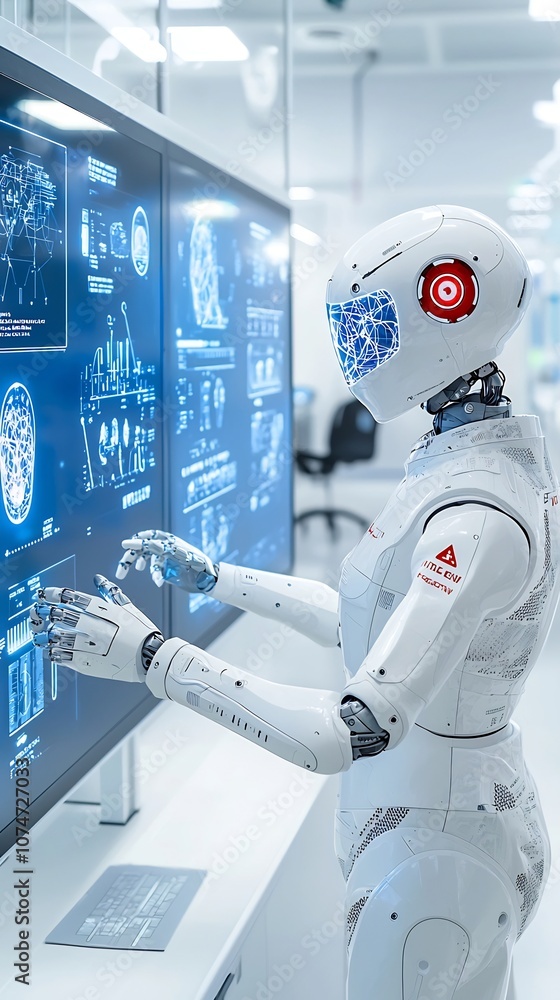 Aufkleber Humanoid robot interacting with holographic screens in a cutting edge futuristic laboratory highlighting the latest advancements in intelligence automation and digital technology