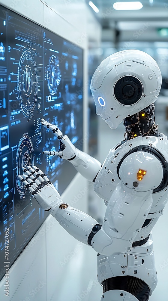 Fototapete Humanoid robot interacting with advanced holographic screens in a cutting edge futuristic laboratory showcasing the latest innovations in intelligence technology and automation