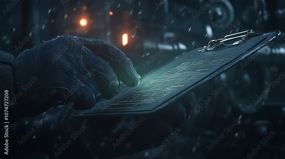 Aufkleber a gloved hand holds a futuristic tablet, illuminated by a soft glow amidst a backdrop of dark machin