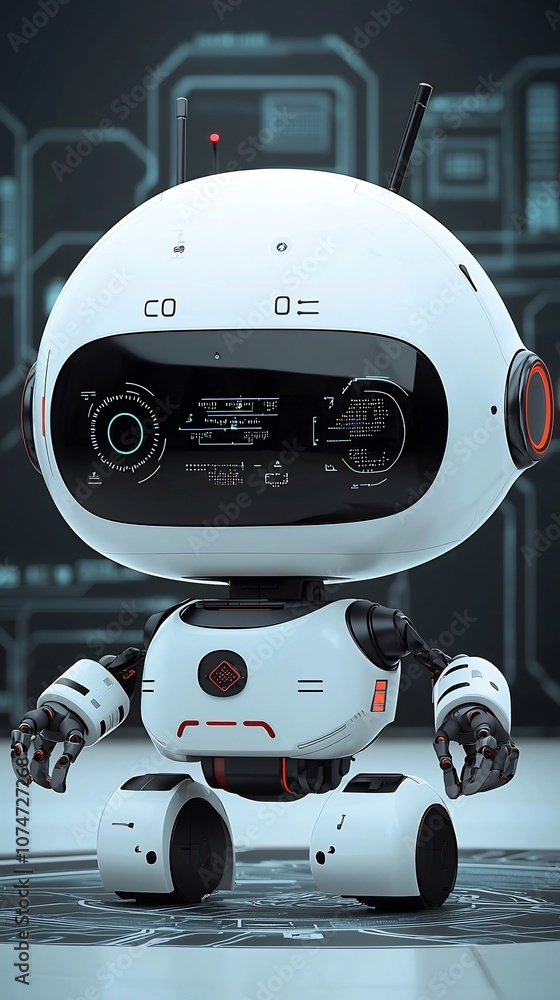 Poster Futuristic robotic assistant with an advanced interface helping a human in a high tech environment symbolizing innovation in intelligence and robotics technology