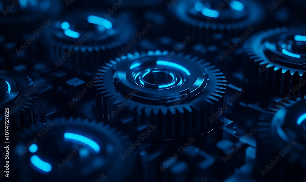 Aufkleber a close-up view of intricate gears illuminated in blue, showcasing a futuristic and technological ae