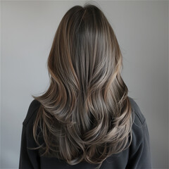 Obraz premium female long ash brown hair with highlights, cascading down her back, long wavy hair salon photography