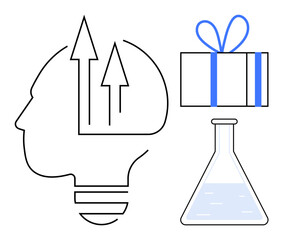 Human head profile with upward arrows signifies growth, blue-ribboned gift box symbolizes reward, conical flask with liquid represents scientific research. Ideal for innovation, success, science