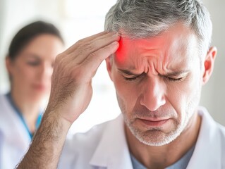 Obraz premium Patient discussing headache symptoms with healthcare team, hospital teamwork, diagnosis process
