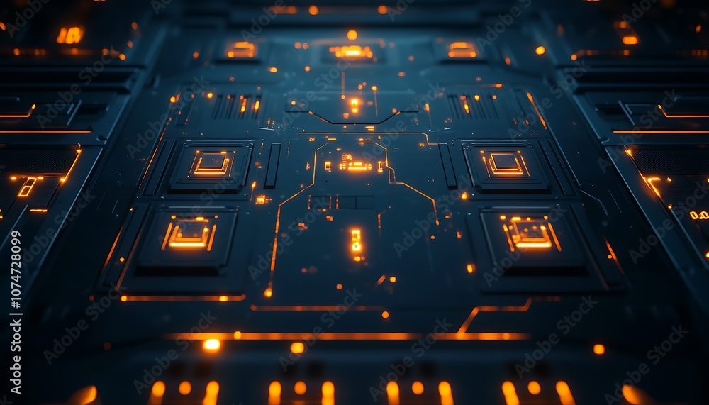 Poster This image features a close-up view of a futuristic circuit board, illuminated with vibrant orange lights against a dark background, suggesting advanced technology.