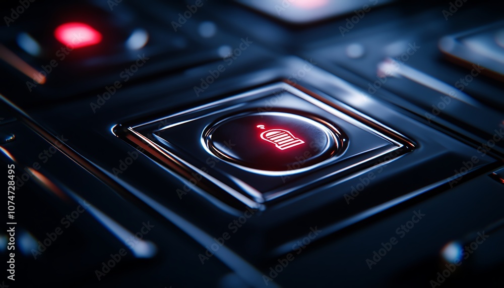 Poster a close-up image of a sleek, illuminated button on a dark surface, featuring a red display that sugg