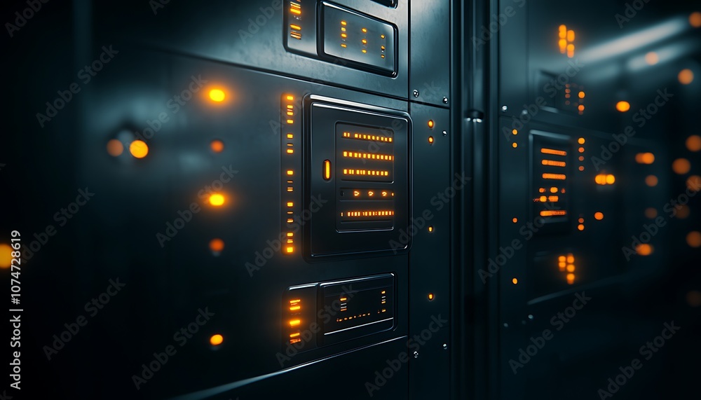 Poster A close-up of a dark server room panel, featuring illuminated buttons and screens, showcasing technology and data processing.