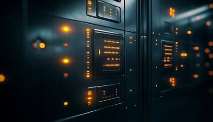 A close-up of a dark server room panel, featuring illuminated buttons and screens, showcasing technology and data processing.