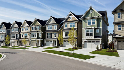 Obraz premium Row of suburban family homes under clear blue sky