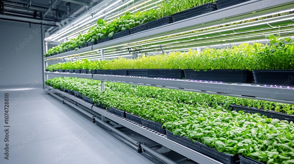 Aufkleber rows of vegetables growing vertically in an indoor facility with led lights highlighting each level 