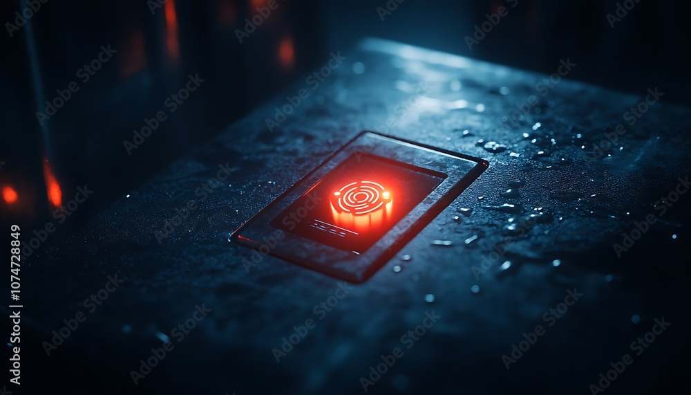 Poster a glowing red symbol on a metallic surface surrounded by a misty atmosphere, evoking a sense of myst