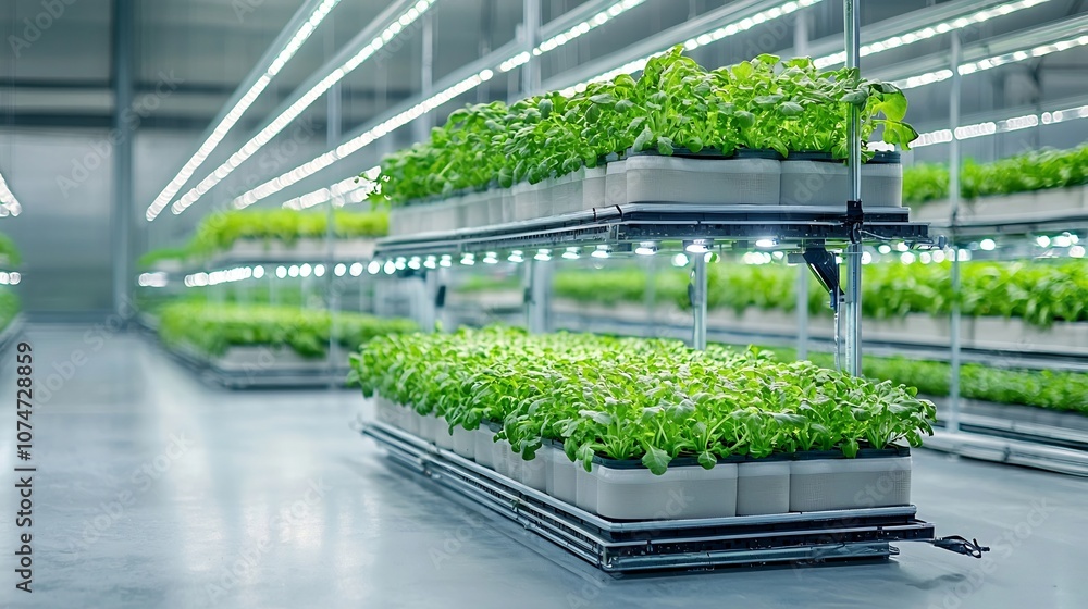 Poster rows of vibrant vegetables growing vertically in a futuristic indoor farming facility with led light