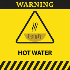 Warning hot water symbol in a triangle on yellow background with text
