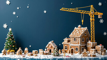 gingerbread house and construction site with crane. Generative AI