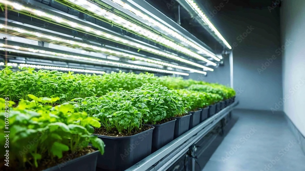 Poster Futuristic high rise vertical farm with rows of green plants on multiple levels each illuminated by energy efficient LED lighting to promote optimal growth