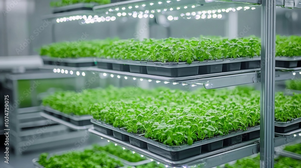 Aufkleber vertical indoor farming system with stacked trays of fresh green produce thriving under led lighting