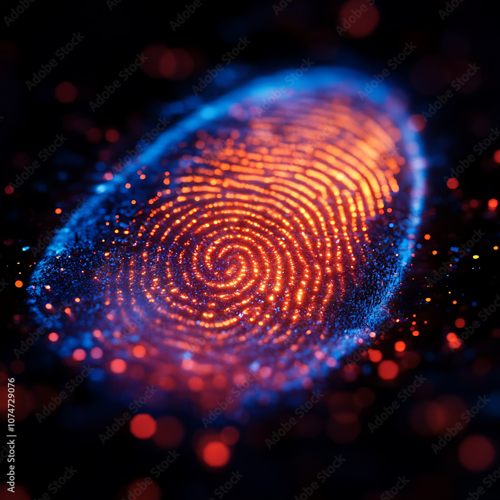 Poster macro photography of vibrant fingerprint with glowing patterns, showcasing intricate details and col