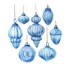 Holidays Christmas, Happy New Year set with Christmas tree decorations - icicle, balls in blue retro style. Watercolor hand drawn illustration on white background.