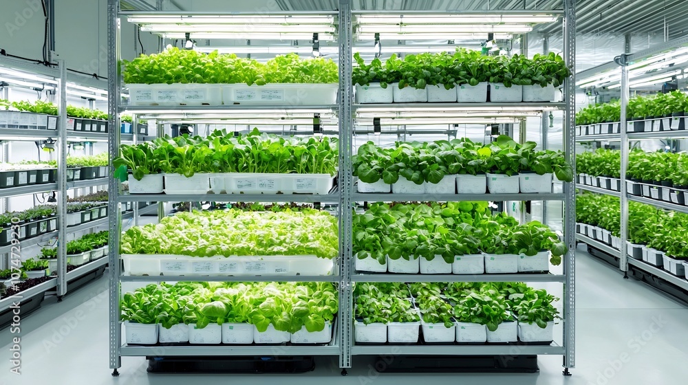 Poster organized vertical farming shelves with leafy greens and led lighting on each layer for maximum effi