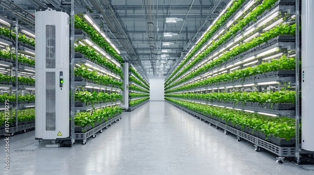 Poster vertical farm with vibrant leafy greens stacked in an organized indoor hydroponic setup utilizing le