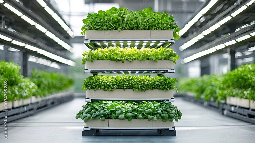 Aufkleber cutting edge vertical farm showcasing an organized indoor setup with vibrant stacked layers of leafy