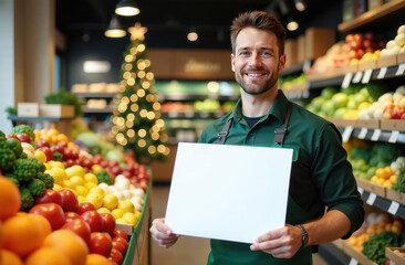greengrocer standing in fruit and vegetable shop holding blank white sheet of paper with christmas tree in background
