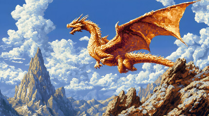 Obraz premium Golden Dragon Soaring Above Mountain Peaks Illustration