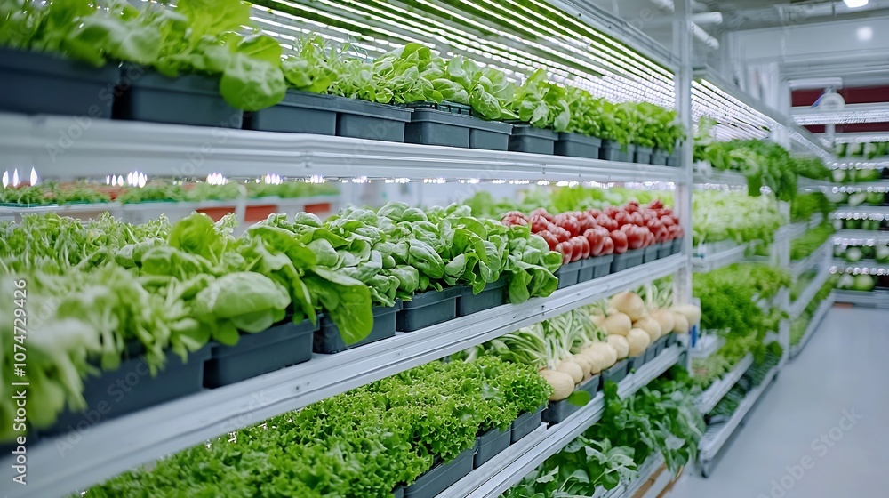 Poster Rows of stacked vegetables in a vertical farm setup illuminated by energy efficient LED lighting showcasing innovative solutions for sustainable and space saving indoor agriculture