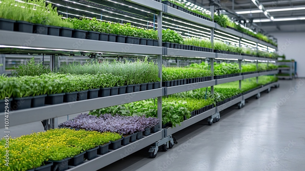Poster efficient and modern indoor urban farm with vertically stacked layers of plants each shelf brightly 