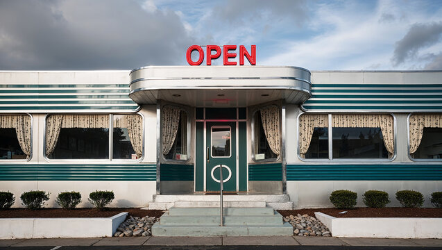 Classic diner with retro facade and open sign glowing