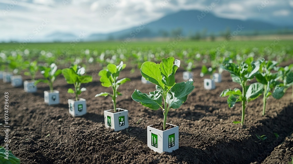 Fototapete High tech precision farm with advanced soil sensors embedded in fields continuously monitoring moisture and nutrient levels to create a controlled
