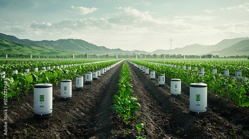 Aufkleber High Tech Precision Farm with Embedded Soil Sensors Monitoring Moisture and Nutrient Levels to Create a Controlled Environment for Optimized Crop Growth and Yield