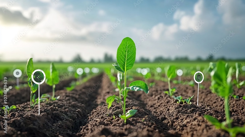 Poster Advanced high tech precision farm with embedded soil sensors that continuously monitor moisture nutrient levels and other environmental factors to create a controlled