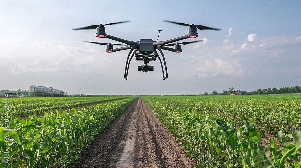 Fototapete Futuristic smart farm with drones flying above crop fields using advanced sensors and data analytics to monitor plant health soil moisture